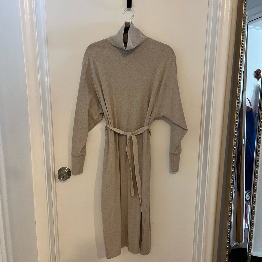 Prologue Beige Turtleneck Belted Long Sleeve Midi Dress
